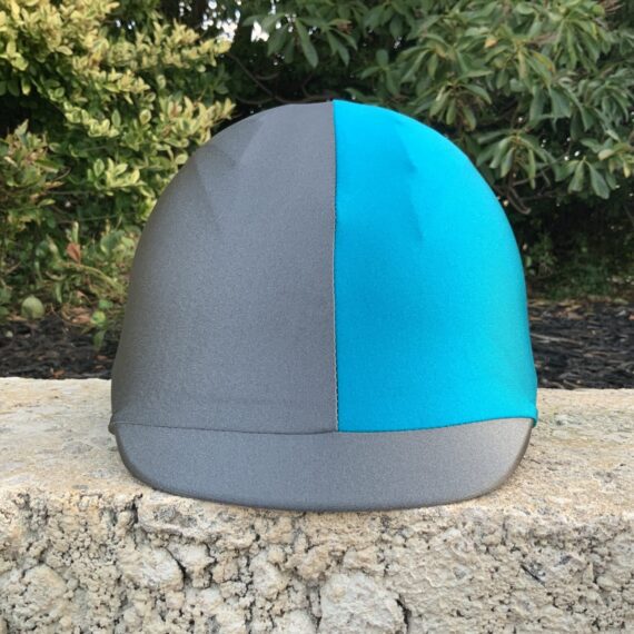 Dark-grey-teal-horse-riding-helmet-cover-with-buggez-bugeyes