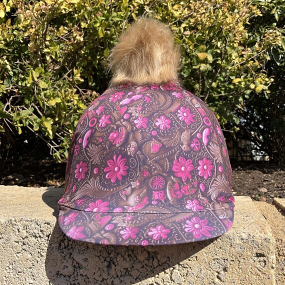 Helmet Cover Tooled Pink Leather with detachable beige pom pom