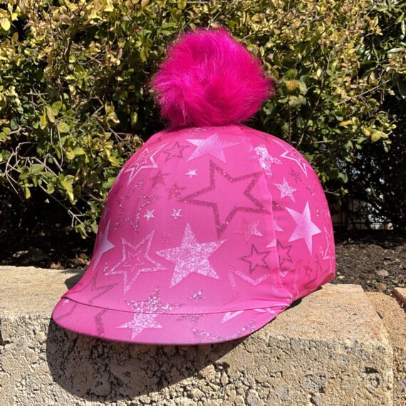 Helmet Cover Pink Stars with detachable pink pom pom