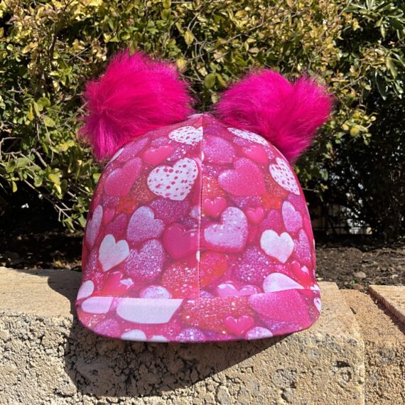 Helmet Cover Pink Hearts with 2 detachable pink pom poms